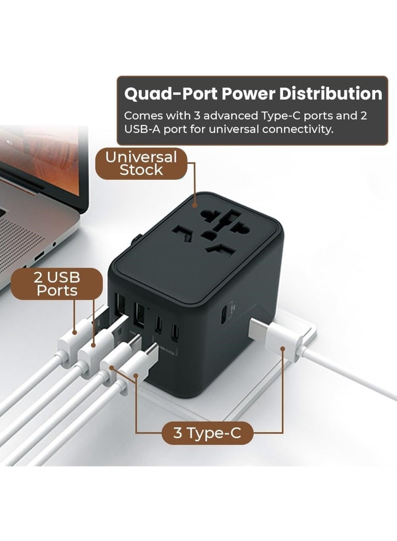 يويو تيك محول سفر عالمي 65 واط GaN III، محول قابس سفر أوروبي 5 في 1، شاحن حائط سريع 2x USB-A و3 xUSB C، ومقبس تيار متردد عالمي لأوروبا والولايات المتحدة الأمريكية والمملكة المتحدة وأستراليا وآسيا (أسود) - Image 3